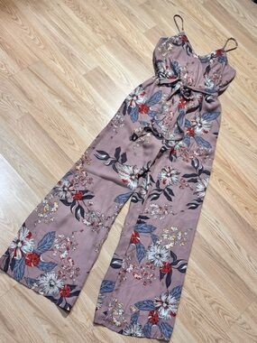 Love Culture Mauve Floral Jumpsuit with Red & White Accents